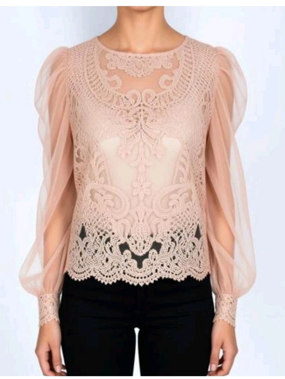 Peach Lace Dramatic Top Embroidered Lace Sheer Bell Sleeve Romantic Goth Boho M